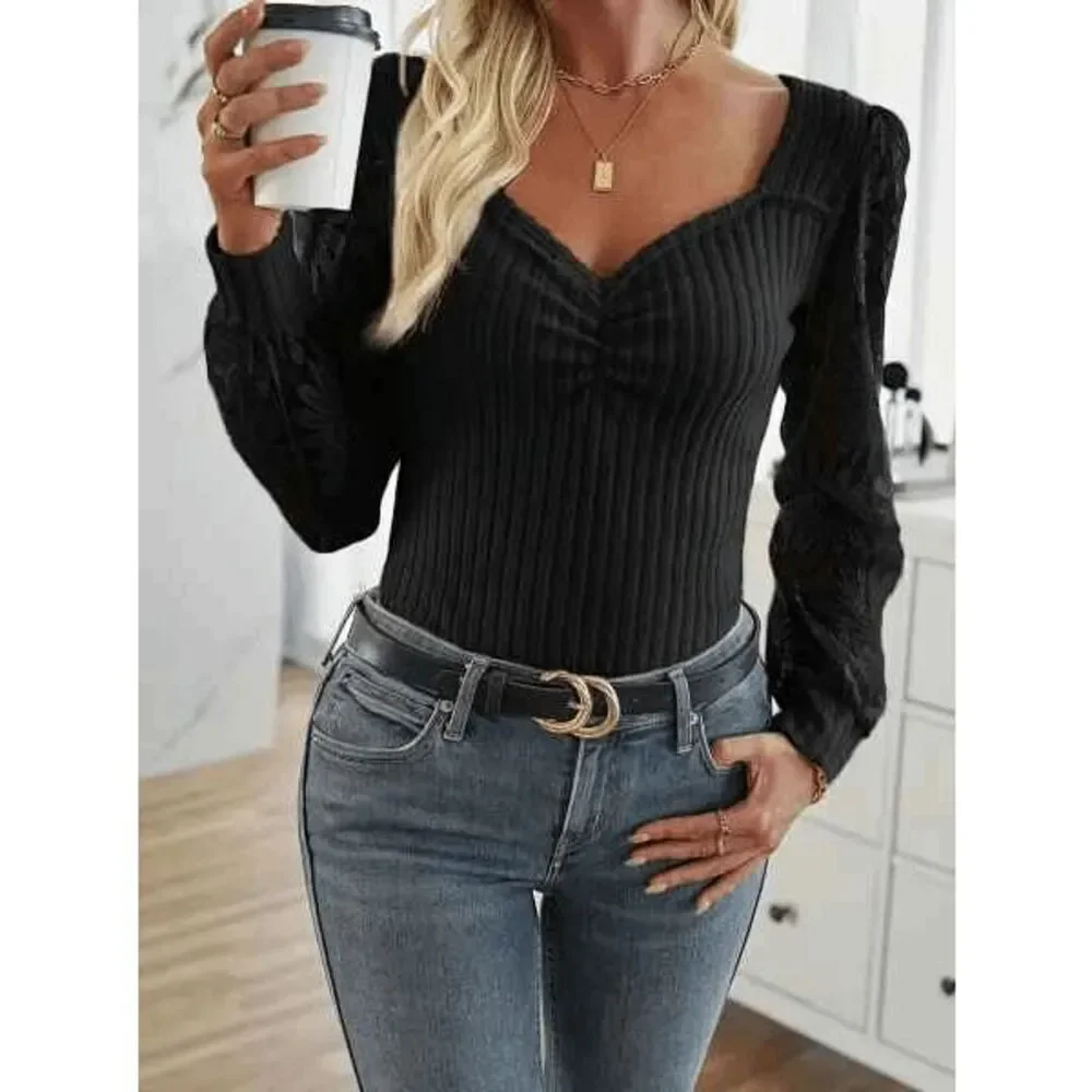 Lace Floral Long Sleeve Sweetheart Neckline Blouse Top Shirt